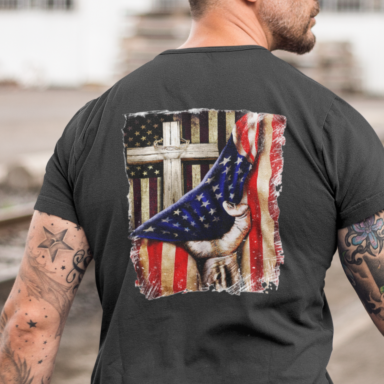 Patriotic T-Shirt, God Country Design, American Flag Cross Tee, USA Theme, Red White Blue Shirt